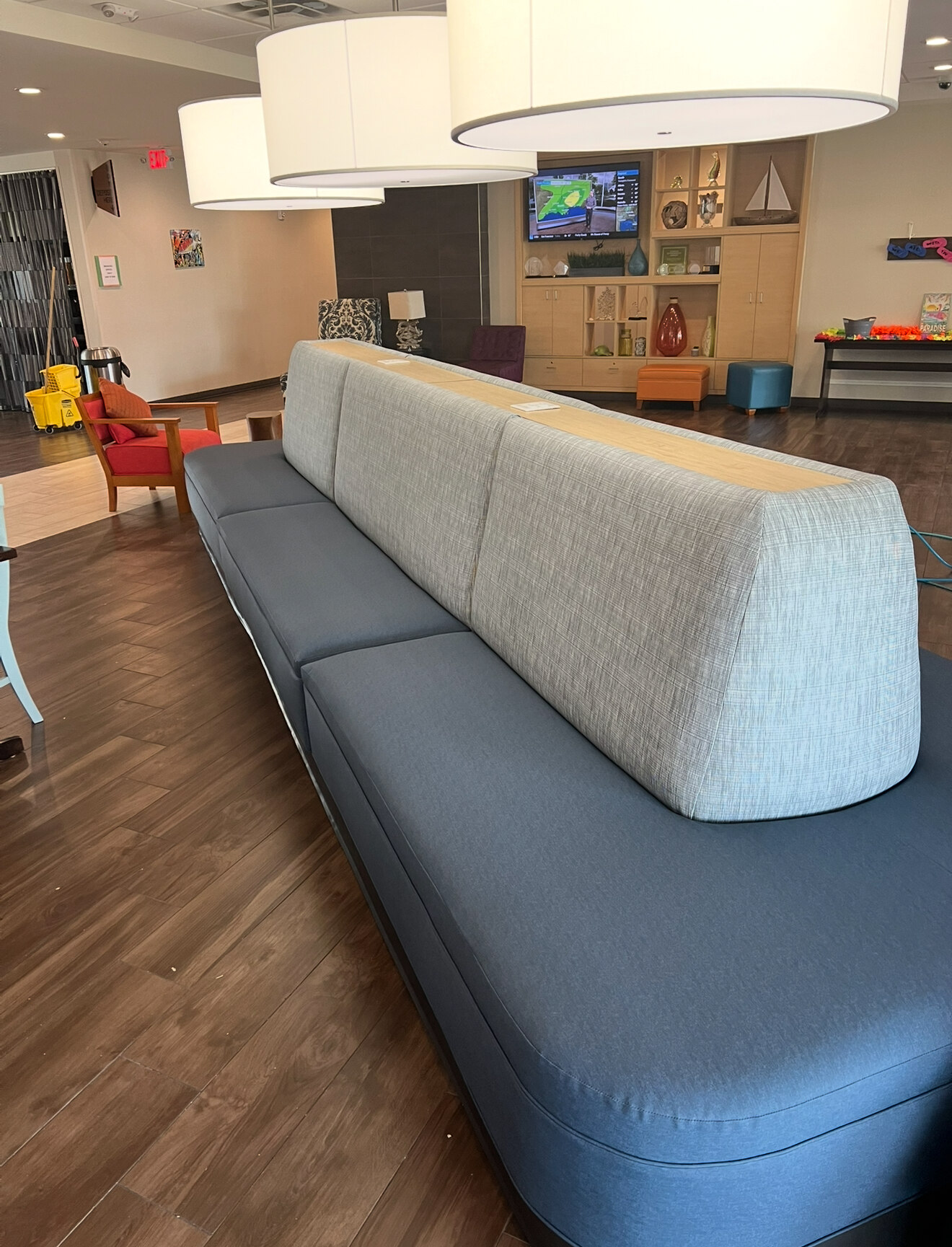 Long custom upholstered bench seating
